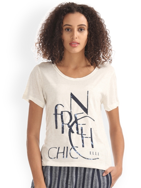 

Elle Women White Printed Round Neck Embellished T-shirt