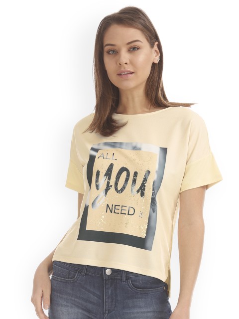 

ELLE Women Beige Printed Round Neck T-shirt