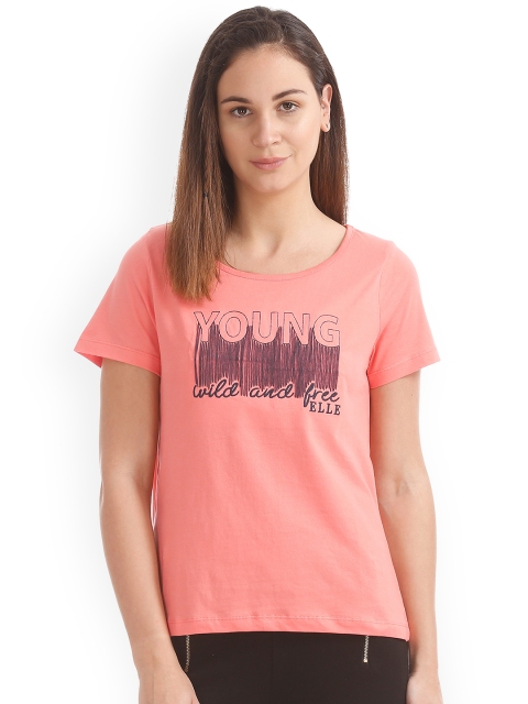 

Elle Women Coral Pink Printed Scoop Neck T-shirt