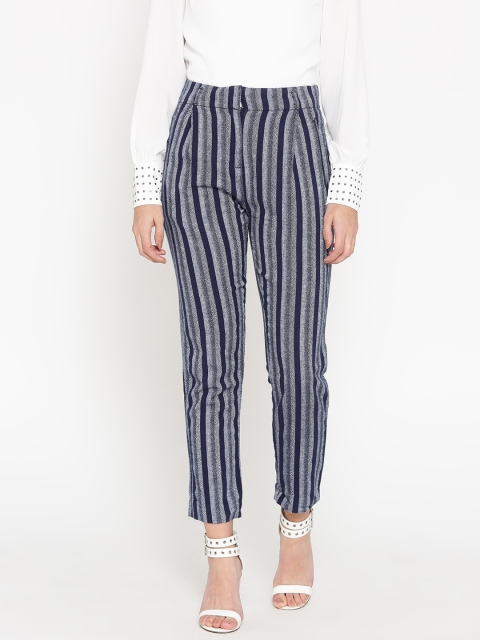 

ELLE Women Navy Blue & Off-White Regular Fit Striped Cropped Trousers