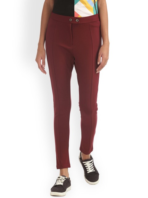 

ELLE Women Maroon Pencil Slim Fit Solid Trousers