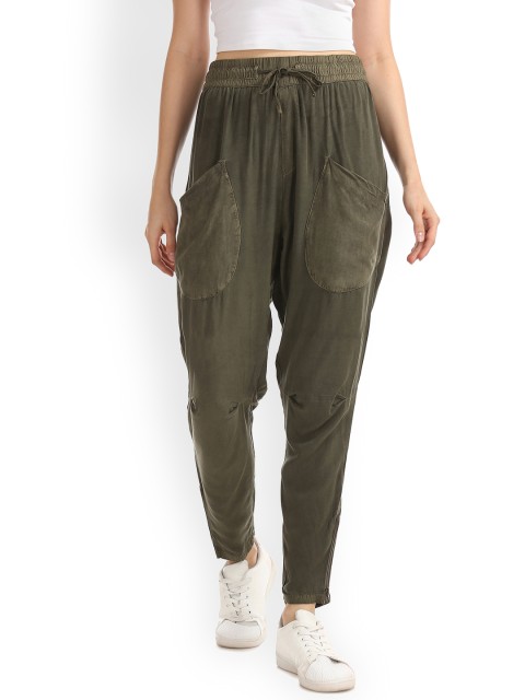 

ELLE Women Olive Green Pencil Slim Fit Solid Drop Crotch Trousers