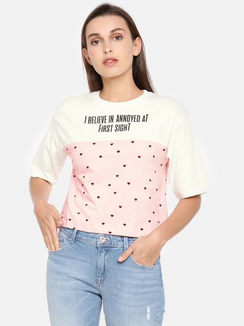 

ONLY Women White & Pink Printed Round Neck T-shirt
