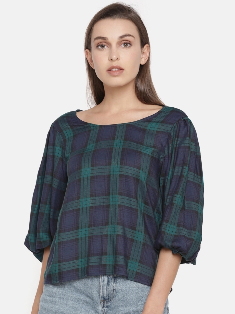

ONLY Women Navy Blue & Green Checked Top