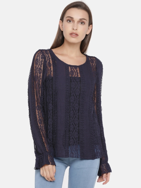 

ONLY Women Navy Self Design Top, Navy blue