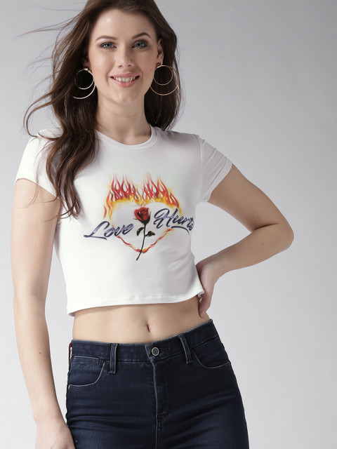 

FOREVER 21 Women White Printed Round Neck Crop T-shirt
