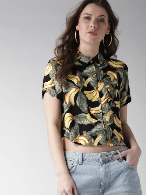 

FOREVER 21 Women Black & Green Printed Crop Casual Shirt