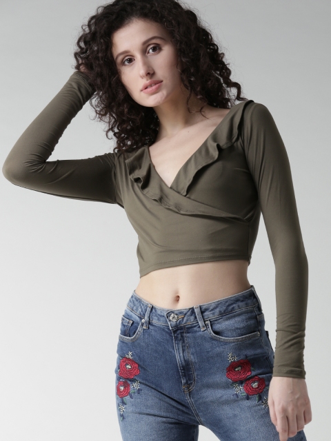 

FOREVER 21 Women Olive Green Solid Crop Wrap Top
