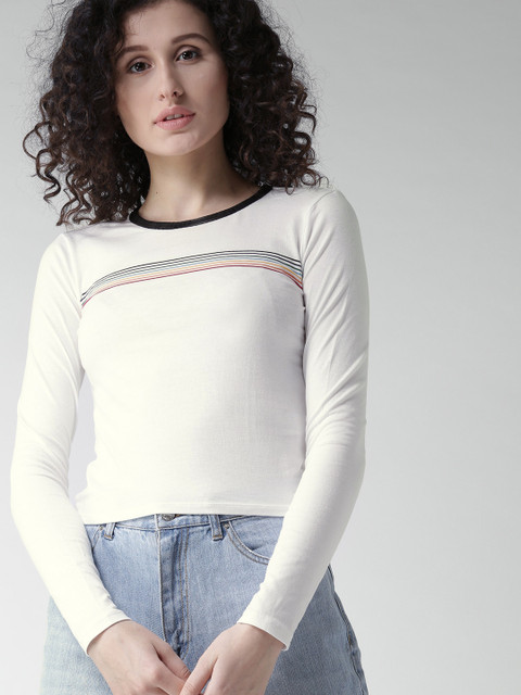 

FOREVER 21 Women White Striped Detail Top