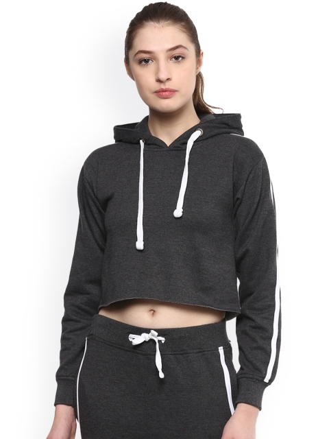 

GRIFFEL Women Charcoal Solid Hooded Sweatshirt