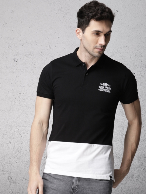 

Ecko Unltd Men Black & White Colourblocked Slim Fit Polo Collar T-shirt