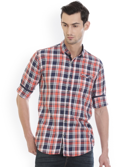 

ROCX Men Blue & Orange Smart Slim Fit Checked Casual Shirt