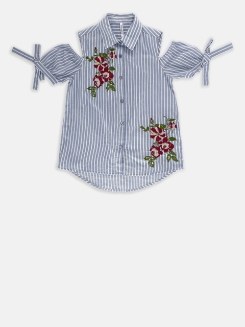 

POPPERS by Pantaloons Girls Blue Striped Shirt Style Top