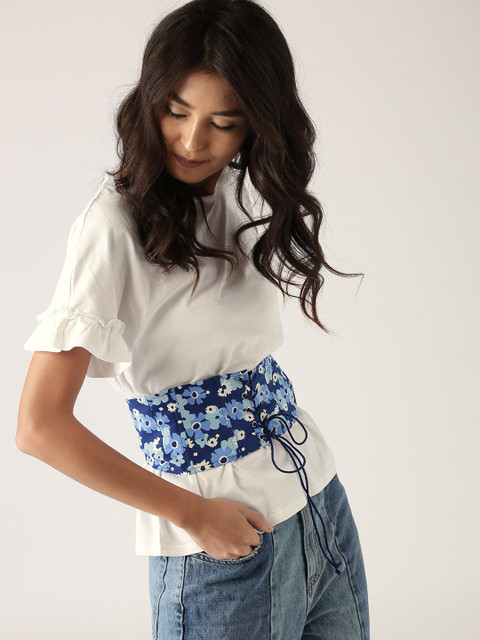 

United Colors of Benetton Women White Solid Top with Floral Print Corset Belt