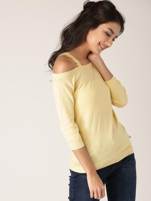 

United Colors of Benetton Women Yellow Solid Pure Cotton Top with Cut-Out Detail