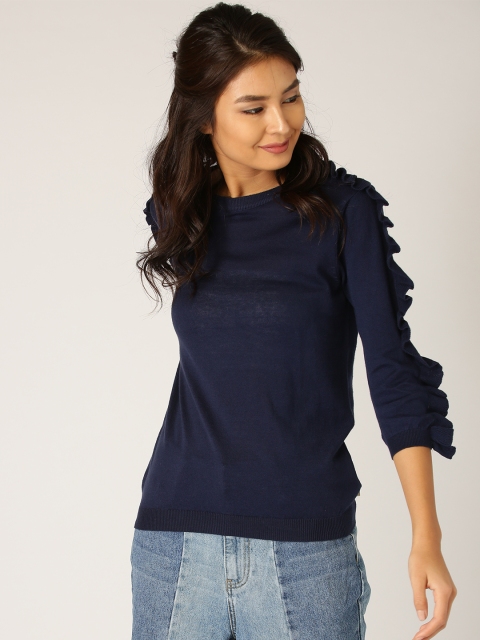 

United Colors of Benetton Women Navy Solid Ruffled Top, Navy blue