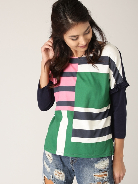 

United Colors of Benetton Women Green & Navy Striped Top