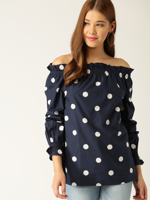 

United Colors of Benetton Women Navy & White Printed Bardot Top, Navy blue