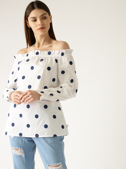 

United Colors of Benetton Women White & Navy Blue Printed Bardot Top