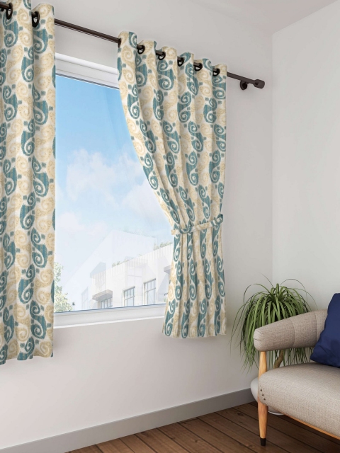 

HOUZZCODE Cream-Coloured & Blue Set of Single Window Curtains