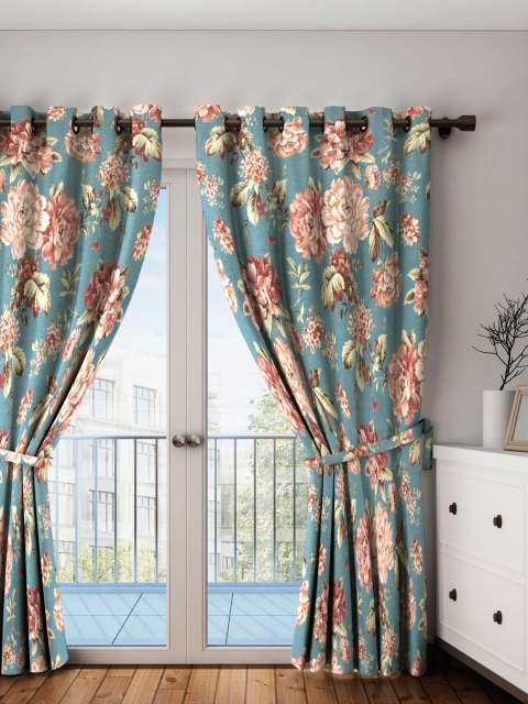 

HOUZZCODE Turquoise Blue & Beige Set of Single Door Curtains