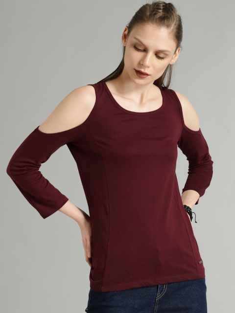

Roadster Women Maroon Solid Cold-shoulder Top