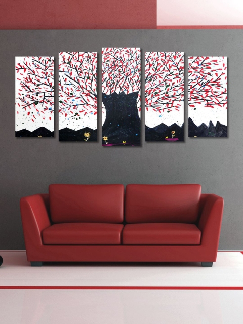 999 Set Of 5 White Black And Red Abstract Tree Wall Art