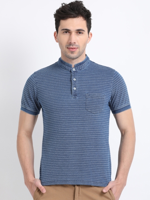 

Indian Terrain Men Blue Striped Mandarin Collar T-shirt