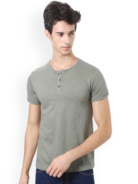 

People Men Grey Self Design Henley Neck T-shirt