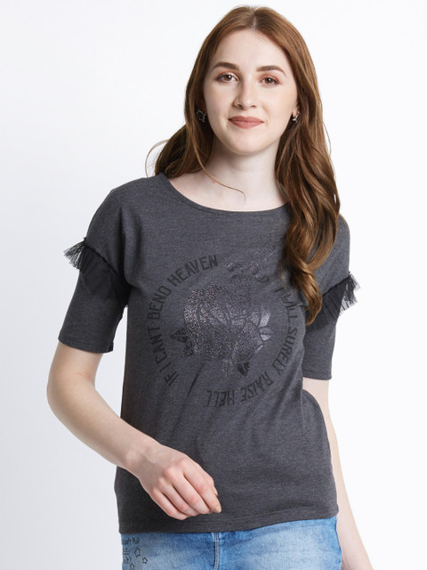 

SF JEANS by Pantaloons Women Charcoal Grey Printed Round Neck T-shirt