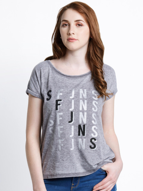 

SF JEANS by Pantaloons Women Grey Printed Scoop Neck T-shirt
