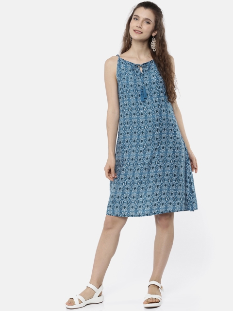 

Bronz Women Blue Printed A-Line Dress
