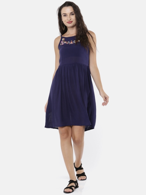 

Bronz Women Navy Blue Solid A-Line Dress