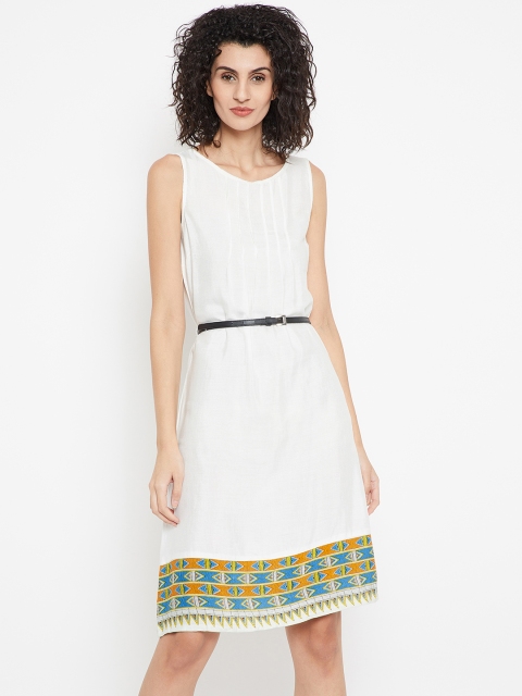 

Bronz Women White Solid A-Line Dress with Belt