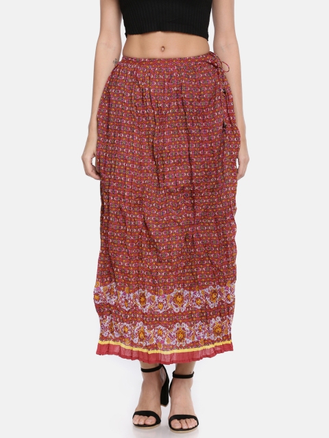 

Bronz Women Pink Ethnic Printed Maxi Flared Pure Cotton Skirt