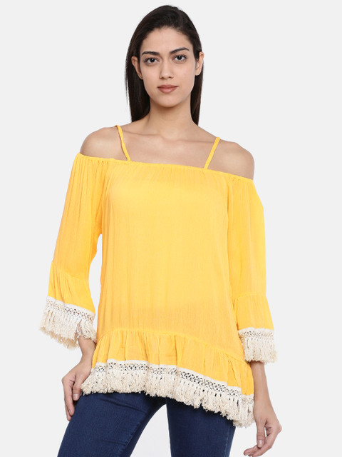 

Bronz Women Yellow Solid Bardot Top