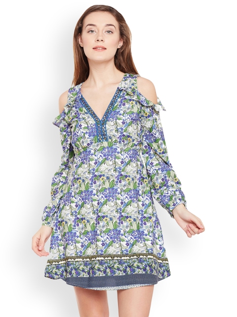 

Oxolloxo Women Cold Shoulder Off-White & Blue Printed A-Line Dress