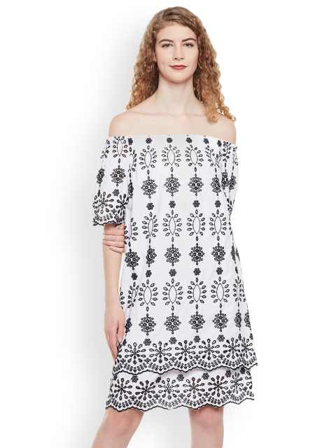 

Oxolloxo Women White & Black Self Design A-Line Dress