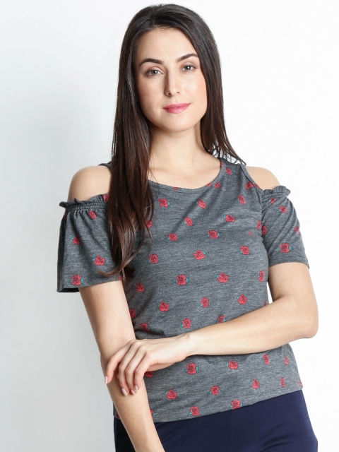 

Honey by Pantaloons Women Charcoal Grey Printed Top