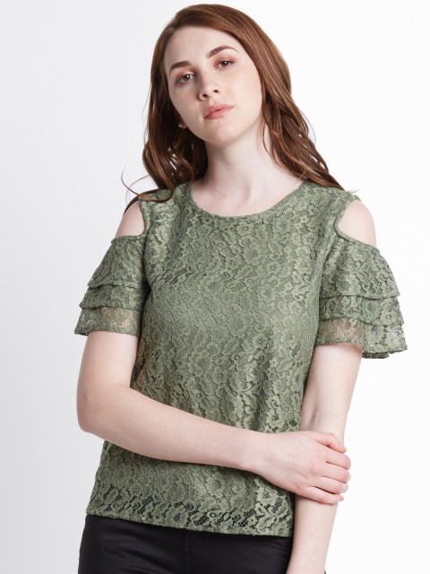 

Honey by Pantaloons Women Olive Green Self-Design Top