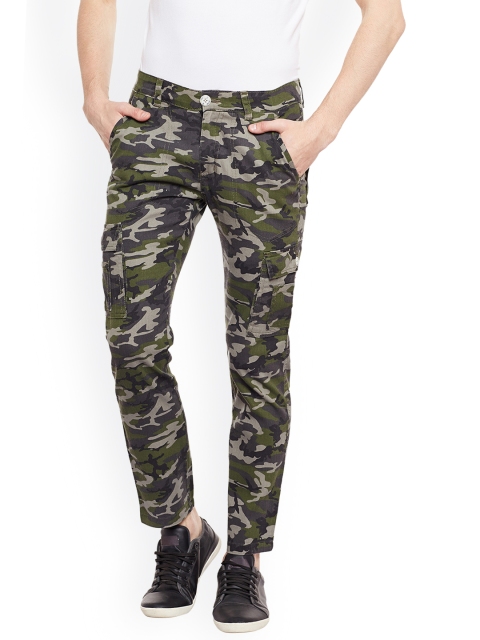 

Wear Your Mind Men Olive Green Tailored Regular Fit Camouflage Printed Cargos