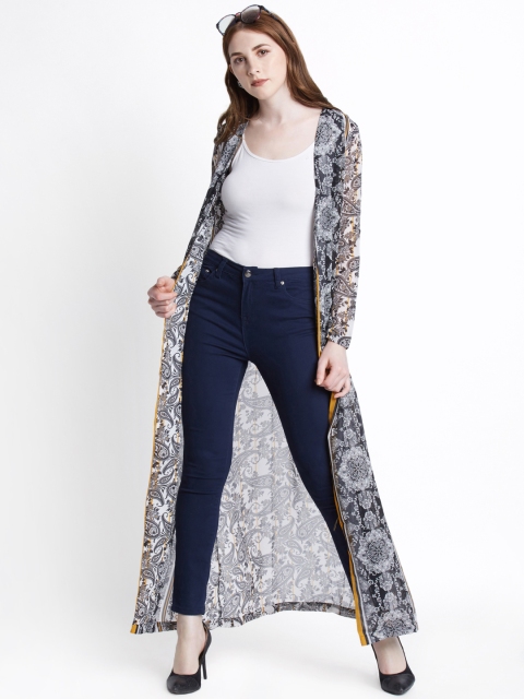 

Annabelle by Pantaloons White & Black Ethnic Print Open Front Longline Shrug