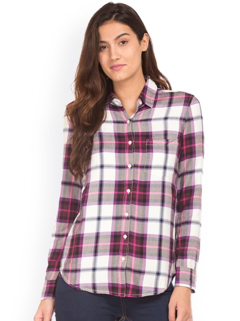 

Aeropostale Women Off-White & Purple Regular Fit Checked Casual Shirt