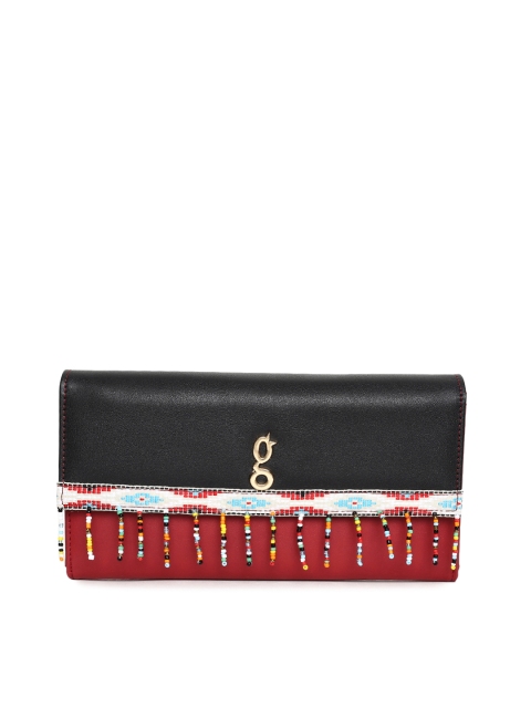 

Global Desi Black & Red Leather Colourblocked Tasselled Envelope Clutch