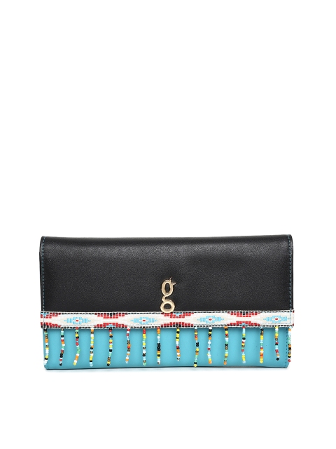 

Global Desi Black & Turquoise Blue Leather Colourblocked Tasselled Envelope Clutch