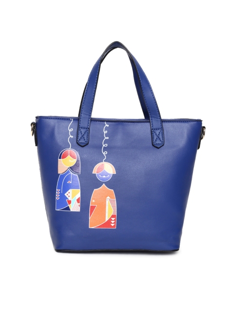 

Global Desi Blue Leather Printed Handheld Bag