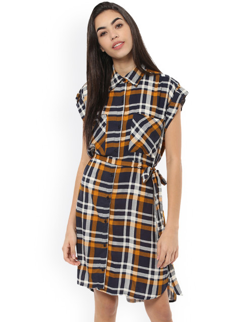 

Harpa Women Navy Blue Checked Shirt Dress