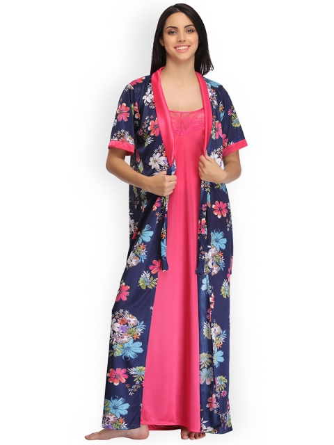 

Clovia Pink & Blue Printed Maxi Nightdress with Robe NS0800P08