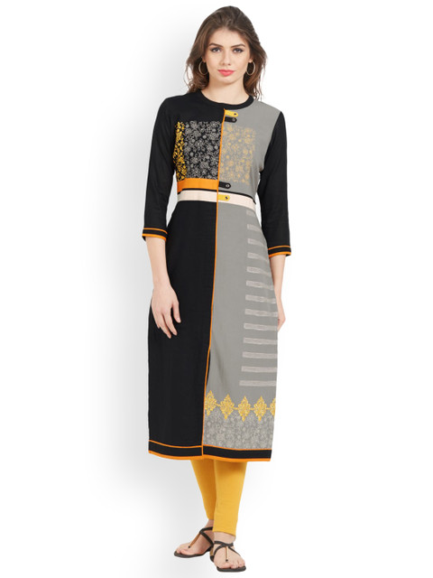 

Kvsfab Women Black & Grey Embroidered Straight Kurta