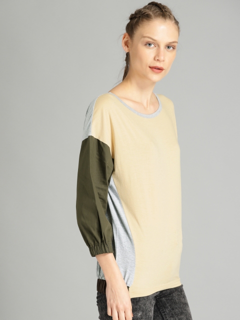 

Roadster Women Beige & Olive Green Colourblocked Round Neck T-shirt